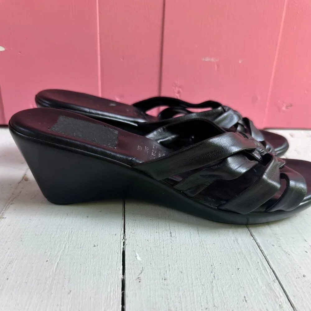 Vintage Y2K Naturalizer Italy Black Leather Knot Wedge Slide Sandals 8.5